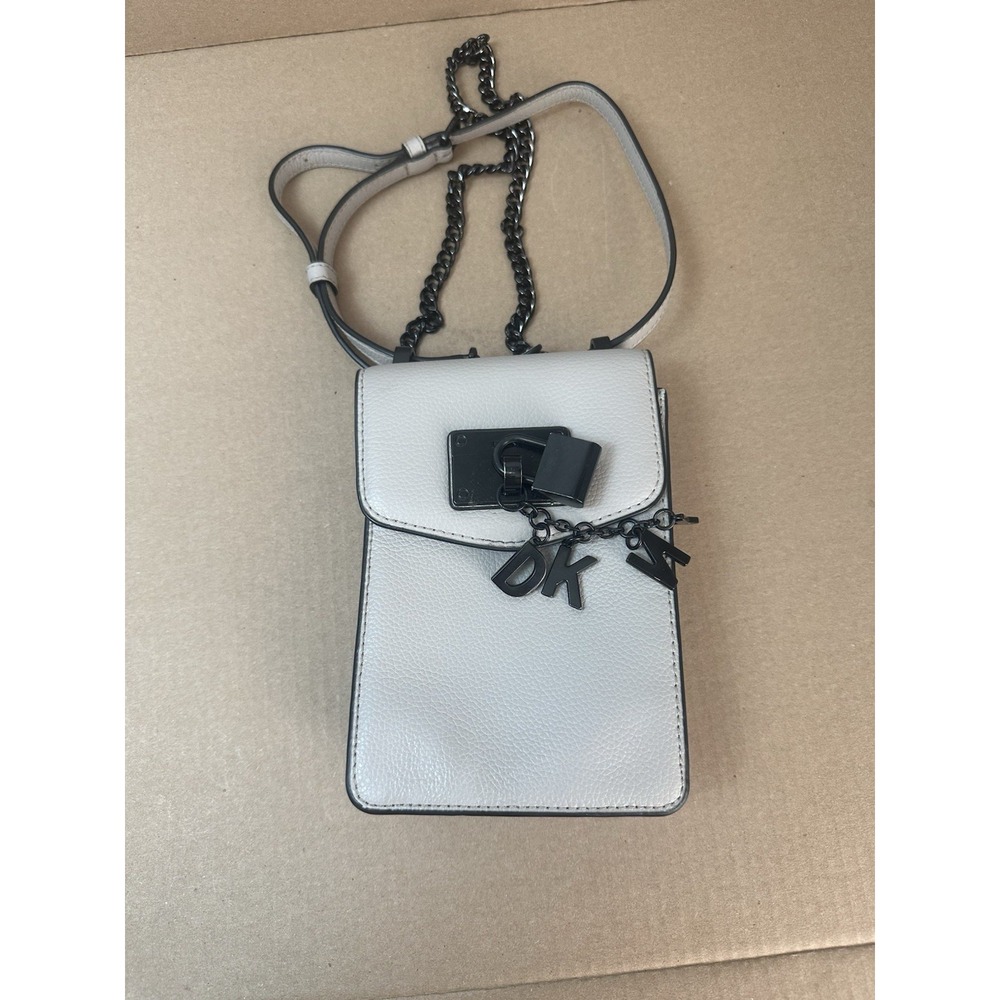 DKNY Mini Crossbody Phone Bag Light Grey Leather Black Hardware Lock Charms
